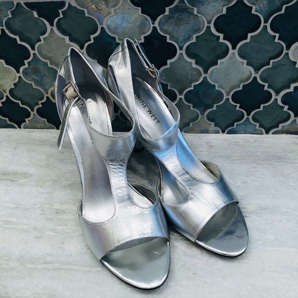 Nine West Silver 4-inch T-Strap Let's Get This Party Started Heels